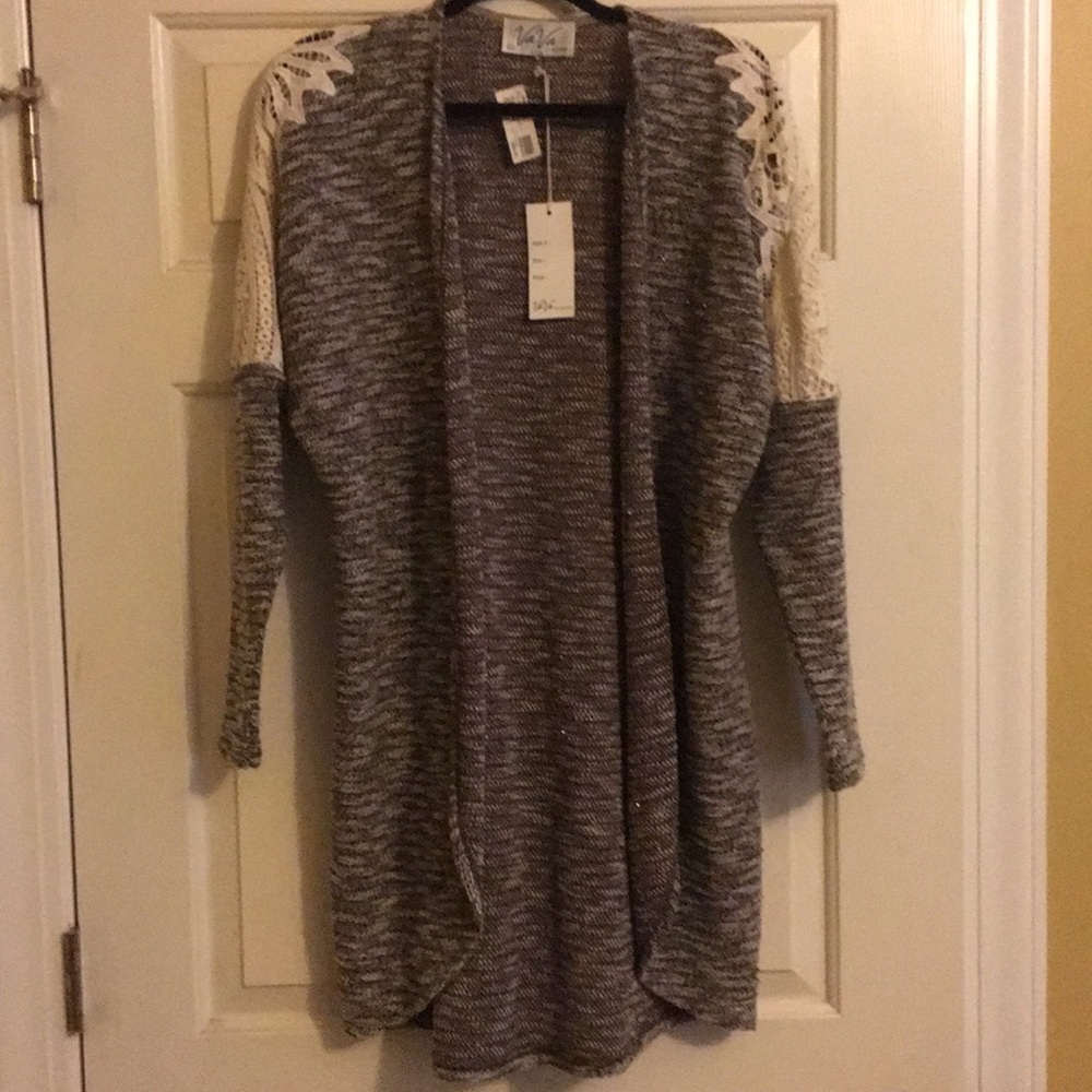 XS brown/cream cardigan with cream lace trim, NWT